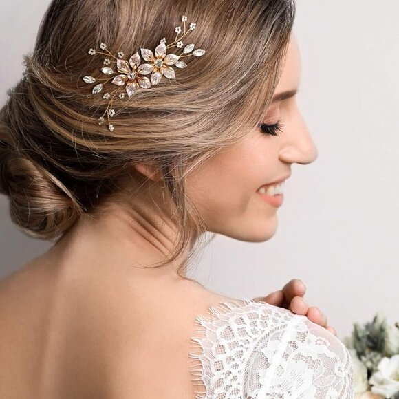 Gold Bridal Hair Comb Handmade Wedding Accessory Floral Rhinestone Women main image 4